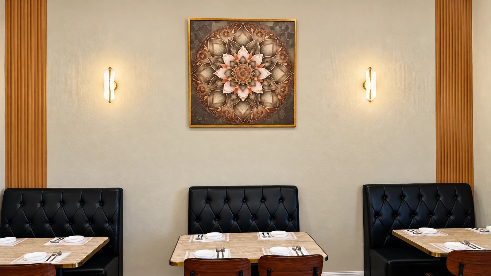 Mandala artwork between brass sconces above tufted booths at Raagas