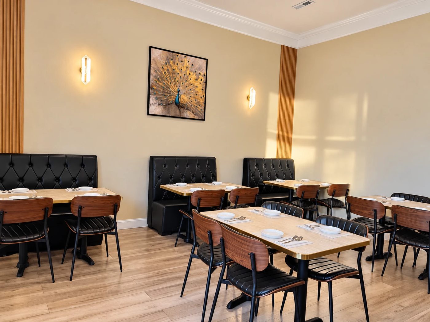 Corner dining nook with peacock art at Raagas